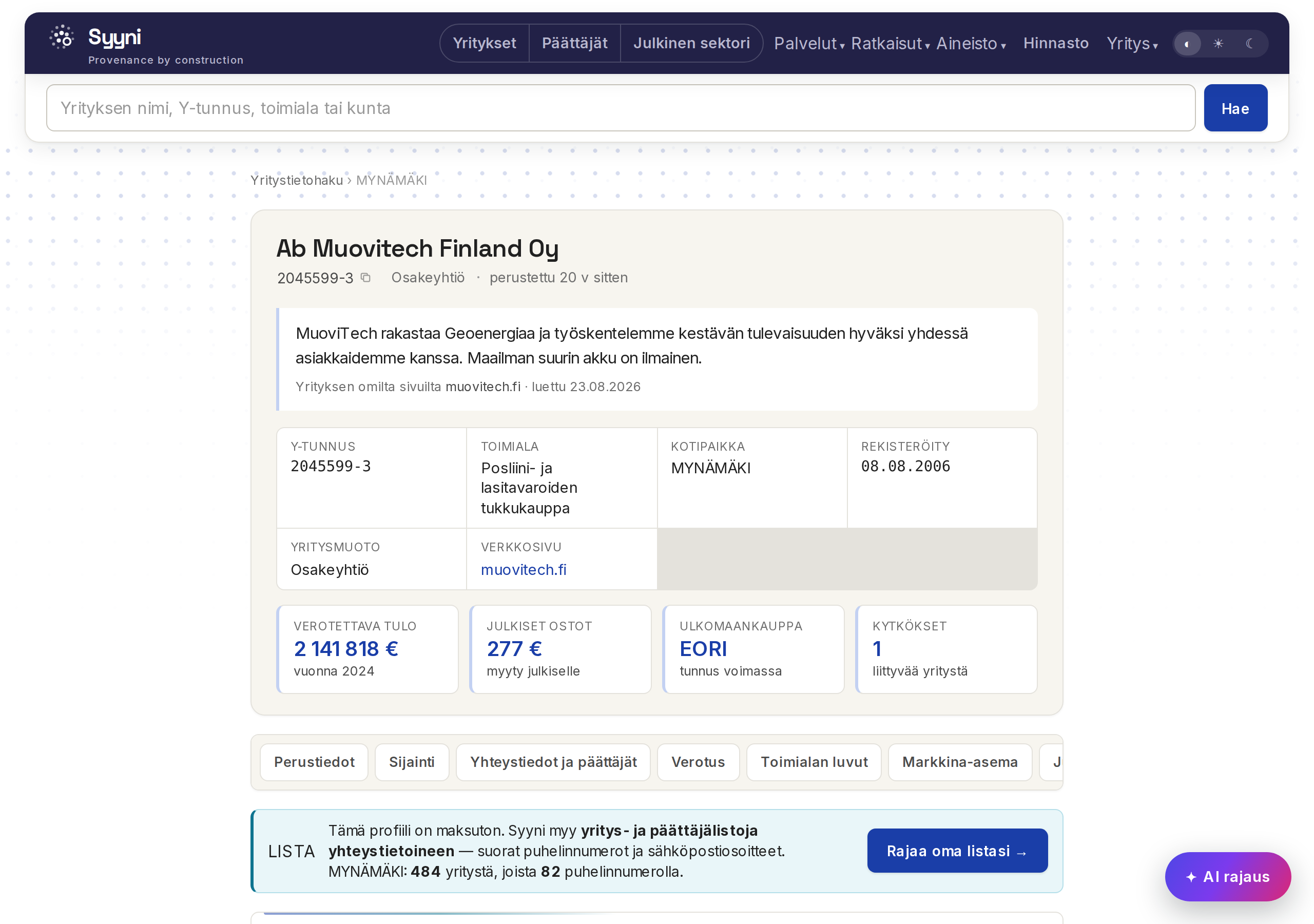 Yrityssivun yhteystiedot ja päättäjät lukittuine esikatseluineen.